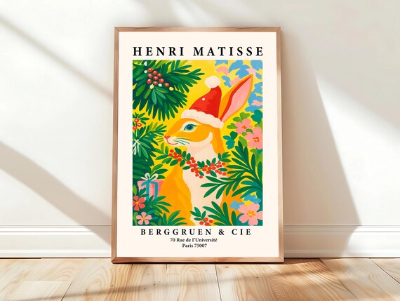 Rabbit In Santa Hat Pink Christmas Decor Wall Art For Living Room Henri Matisse Poster Funny Festive Print