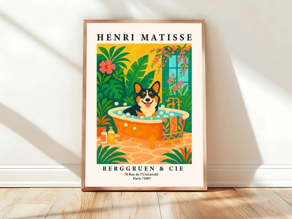 Cardigan Corgi In Bathtub Gift For Dog Lovers Funny Bathroom Vanity Art Print Matisse Poster