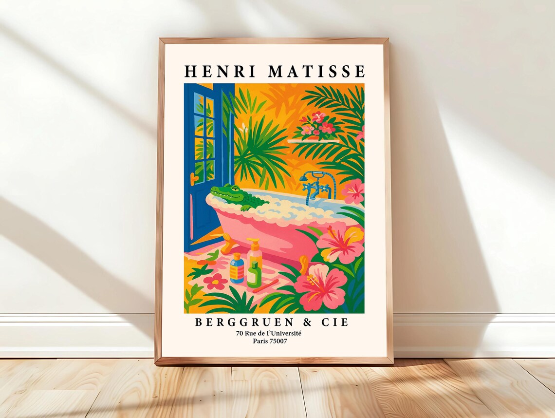 Alligator Lounging in Bathtub Matisse Style Funny Tropical Poster