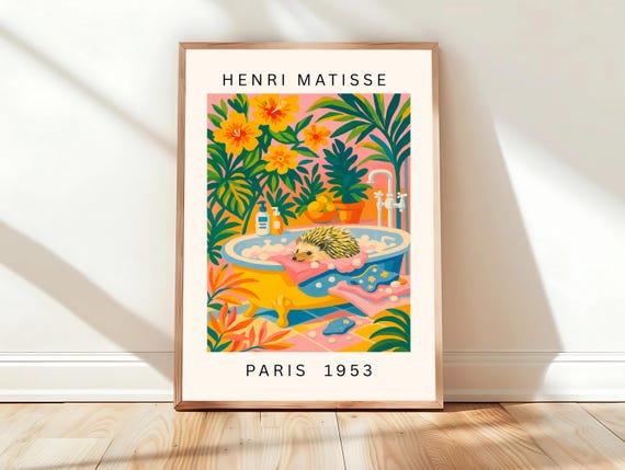Cute Hedgehog Art Print Maximalist Decor Matisse Pink Bathroom Animal