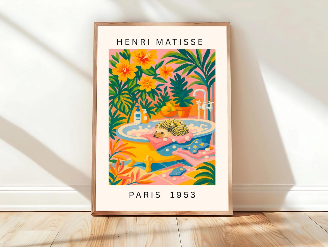 Cute Hedgehog Art Print Maximalist Decor Matisse Pink Bathroom Animal
