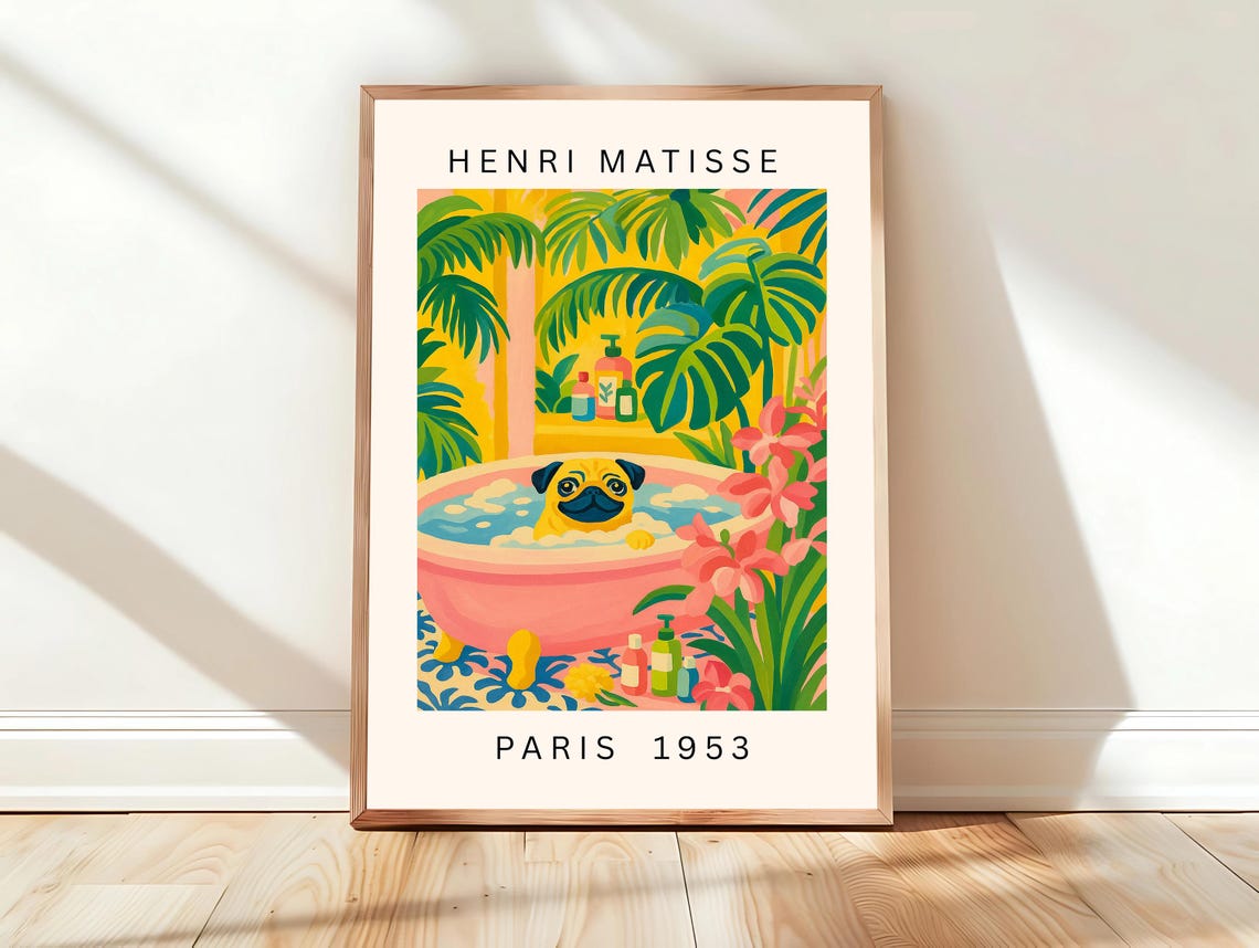 Pug in Bathtub Matisse Style Tropical Funny Bathroom Wall Poster