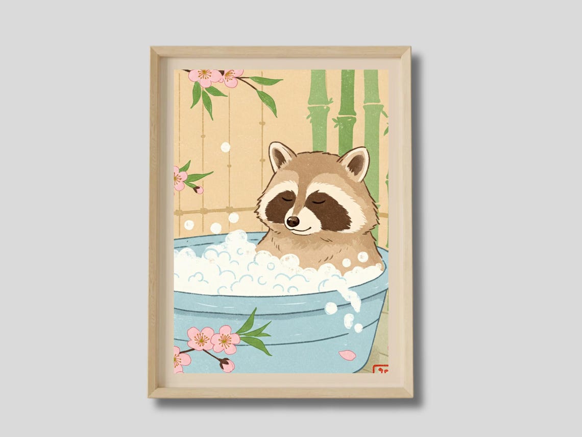 Cute Raccoon Bubble Bath With Bamboo Cherry Blossom Art Poster