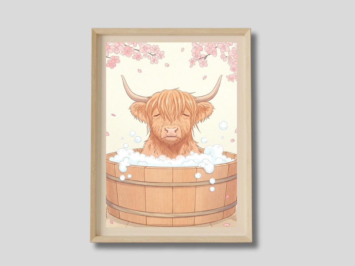 Highland Cow Bubble Bath Wooden Barrel Cherry Blossom Art Poster