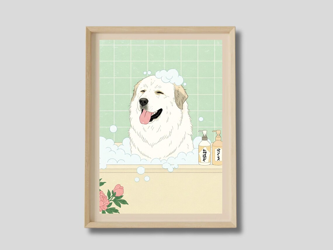 Great Pyrenees Dog In Bubble Bath Japanese Peony Funny Art Poster