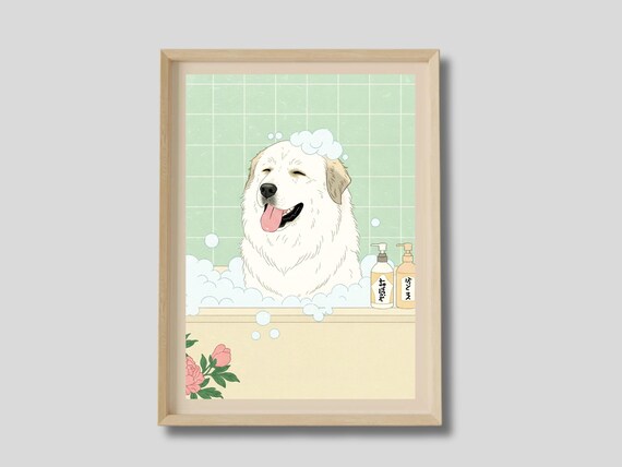 Great Pyrenees Print Japanese Bathroom Wall Art Funny Dog Japandi Poster Japan Neutral