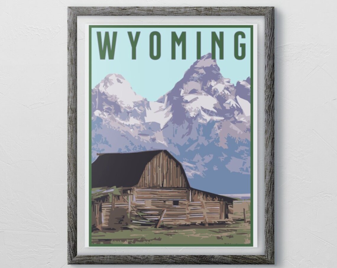 Wyoming Teton Mountains Pioneer Barn Prairie Vintage Travel Poster