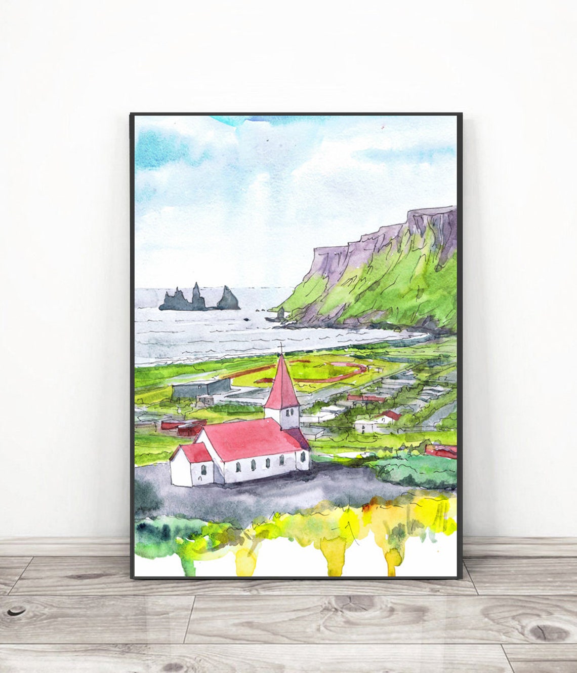 Nordic Coastal Church Sea Stacks Green Cliffs Watercolor Poster