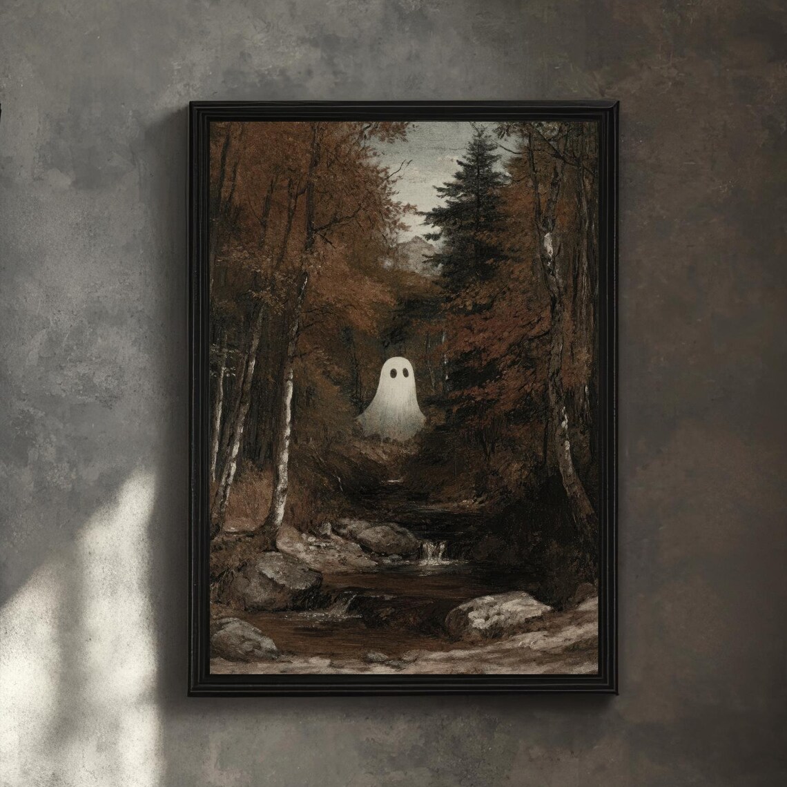 Cute Ghost in Birch Forest by Stream Vintage Moody Art Poster
