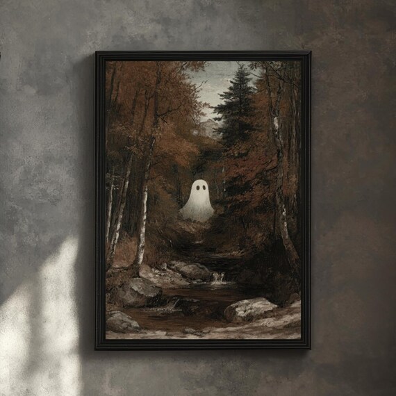 Cute Halloween Ghost Print Fall Art Forest Painting Cute Ghost Wall Art Halloween Print Vintage Autumn Decor Ghost Halloween Home Decor