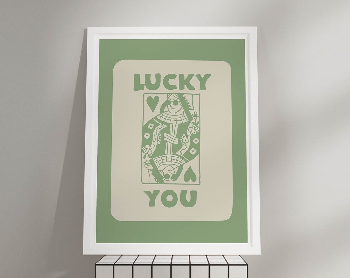 Lucky You Queen of Hearts Sage Green Playing Card Wall Poster