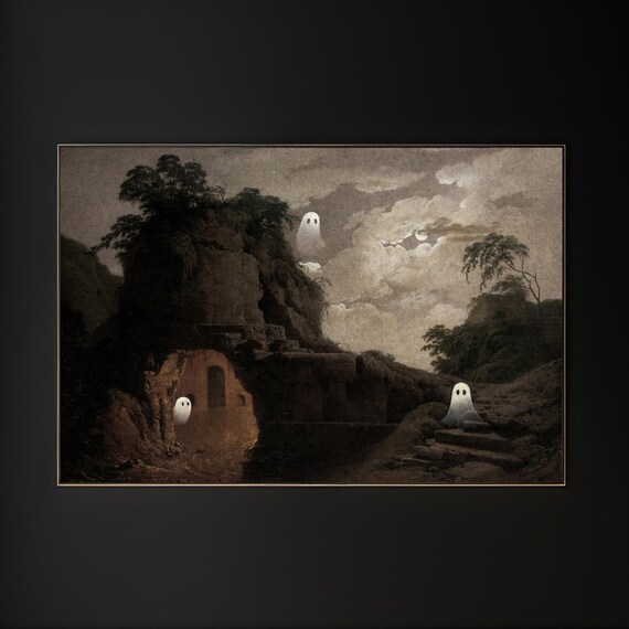 Cute Ghosts in Moonlit Mountain Landscape Vintage Art Poster