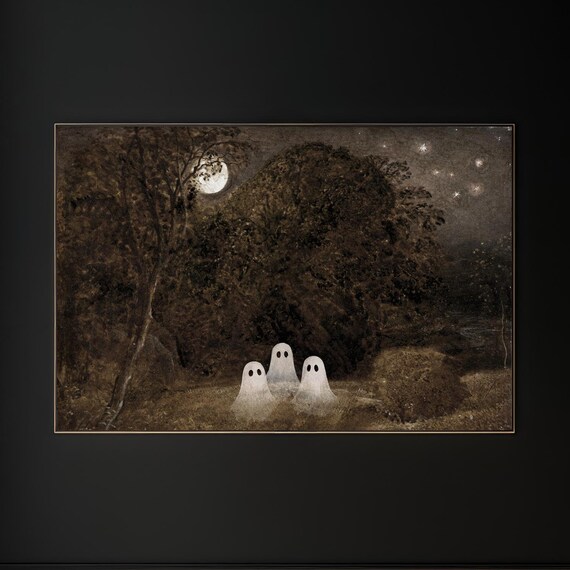 Three Ghosts Full Moon Dark Forest Vintage Halloween Art Poster