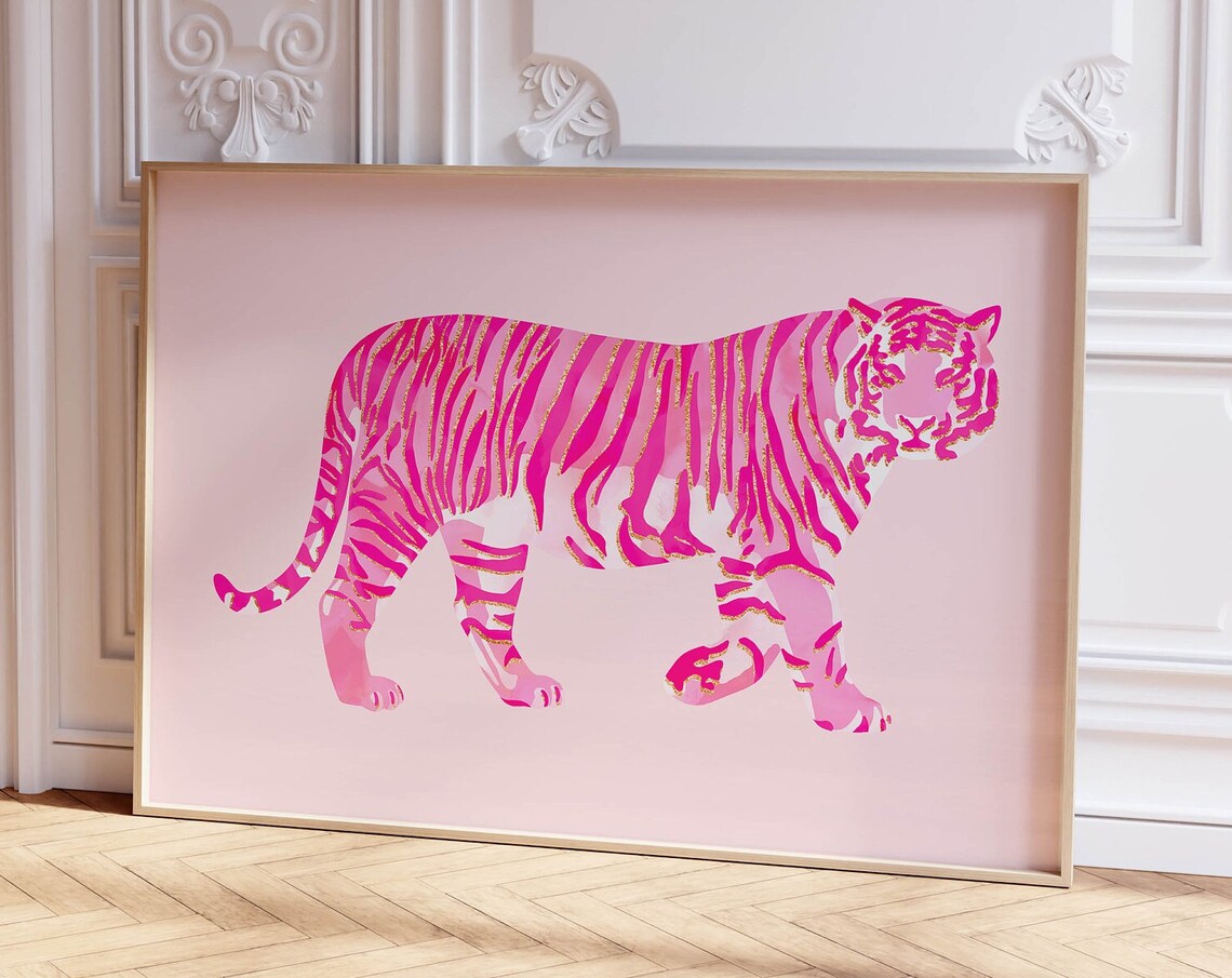 Pink Tiger Preppy Art Print, Dorm Room Decor