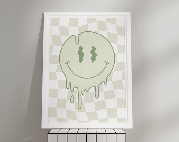 Melting Smiley Face Sage Green Wavy Checkered Retro Room Poster