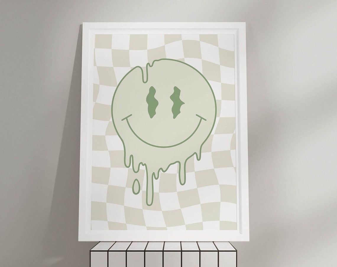 Melting Smiley Face Sage Green Wavy Checkered Retro Room Poster