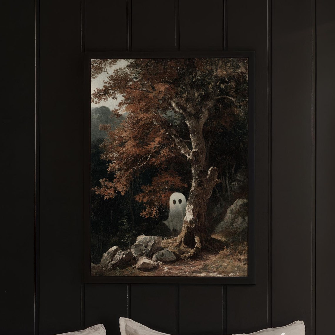 Ghost Hiding Behind Autumn Tree Vintage Moody Fall Art Poster