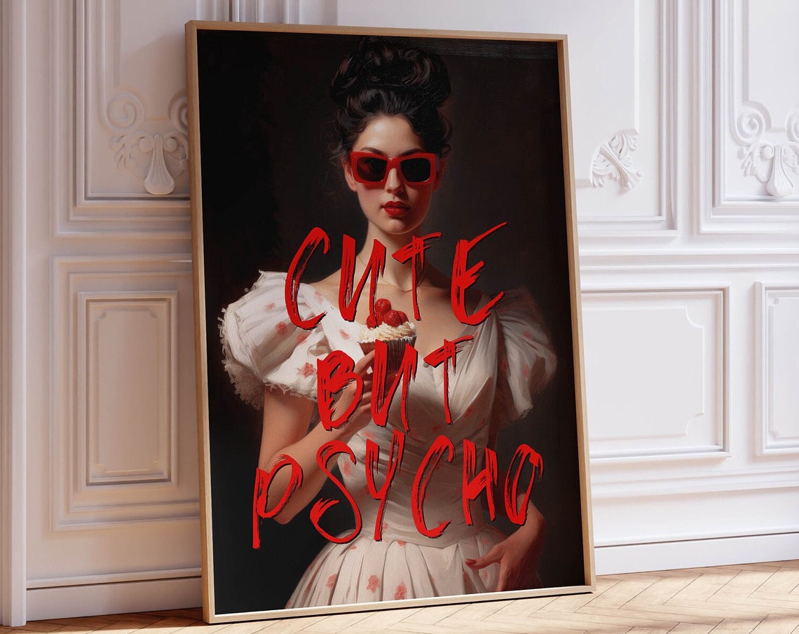 Cute But Psycho Red Sunglasses Cupcake Altered Portrait Art Poster