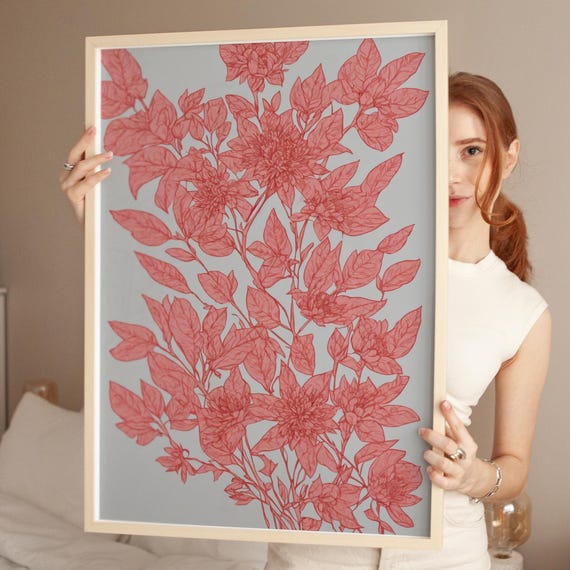 Flora In Silico Botanical Art Print Red Monochrome Flower Poster Minimalist Wall Highres Floral Illustration