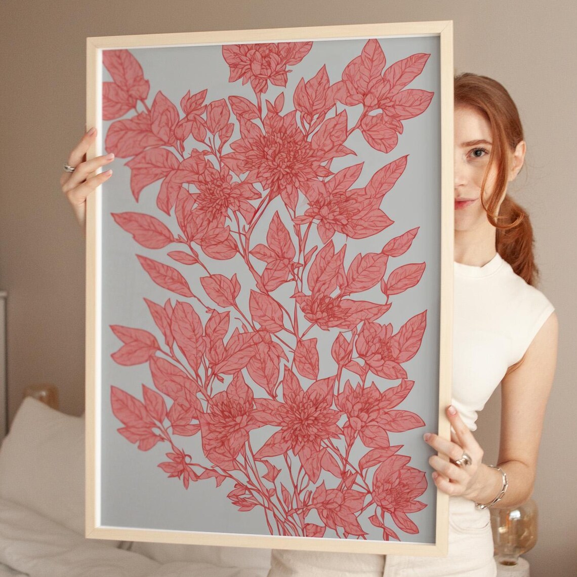 Red Monochrome Botanical Line Art Dahlia Illustration Poster