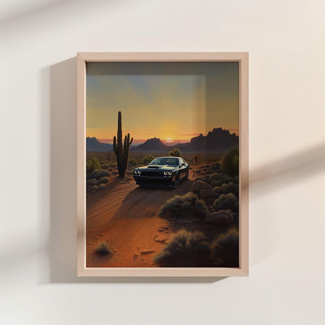 Black Dodge Challenger Desert Sunset Muscle Car Automotive Poster