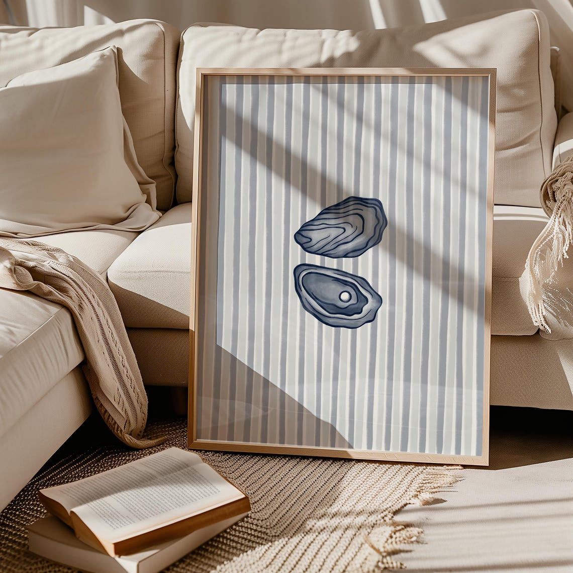 Blue Oyster Shells Striped Coastal Seafood Illustration Poster