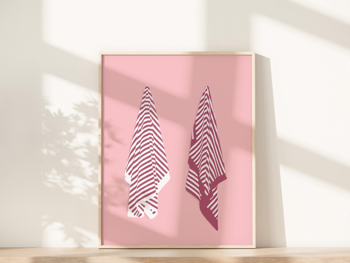 Pink Striped Beach Towels Pair Minimalist Coastal Summer Wall Art