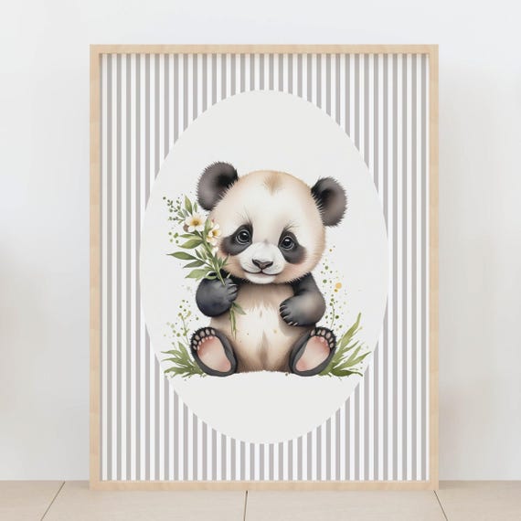 Kids Room Panda Nursery Wall Art Stripes Theme Baby Decor Shower Gift Farmhouse Poster