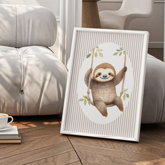 Smiling Sloth on a Leafy Swing Watercolor Nursery Jungle Poster