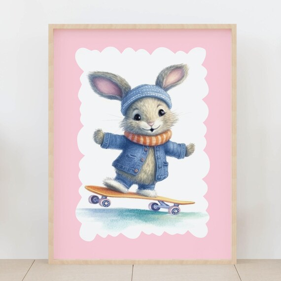 Bunny Rabbit Skateboard Denim Jacket Playful Nursery Art Poster