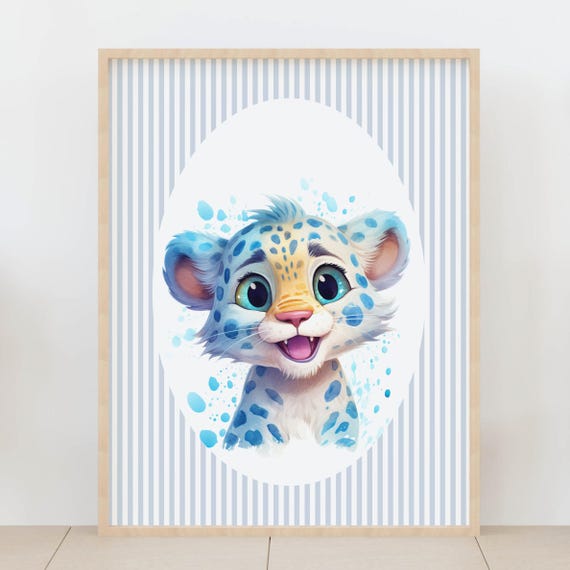 Blue Striped Baby Room Leopard Cub Nursery Wall Art Jungle Animal Kids Decor Cute Safari Cat Poster