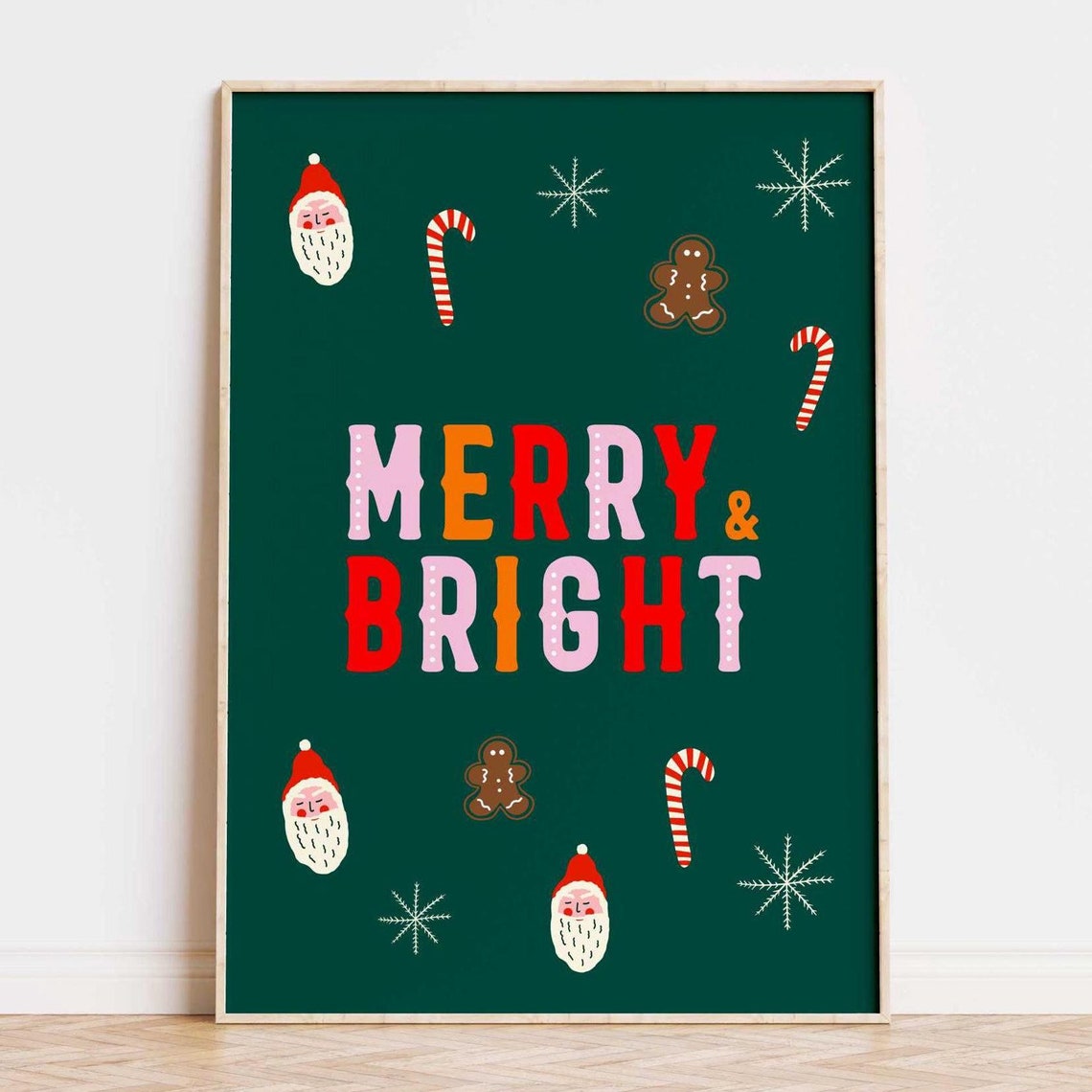 Merry And Bright Festive Lettering Dark Green Christmas Poster