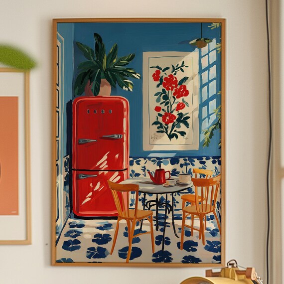 Red Retro Fridge Blue Kitchen Floral Tile Matisse Style Art Print