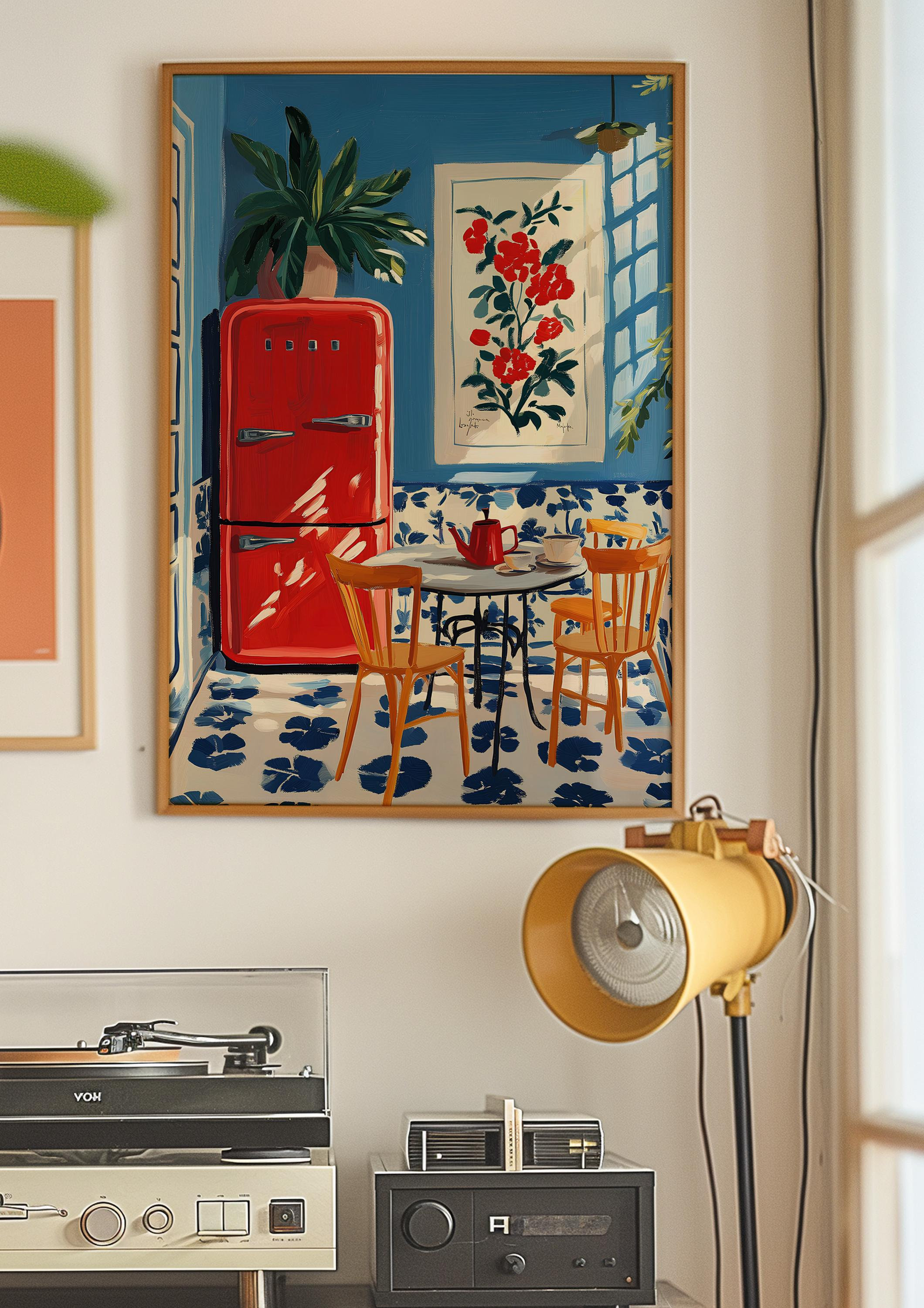Red Retro Fridge Blue Kitchen Floral Tile Matisse Style Art Print