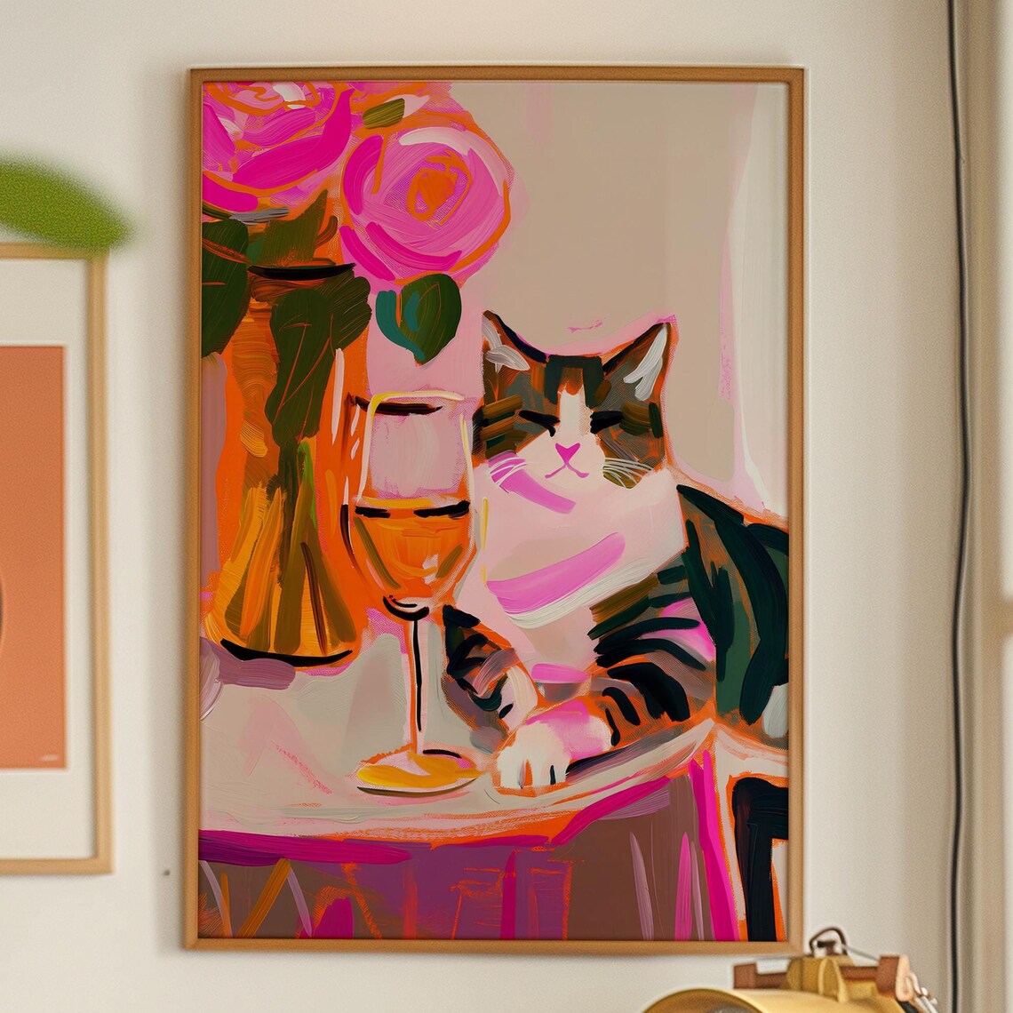 Tabby Cat With Wine Glass Pink Roses Maximalist Style Art Print