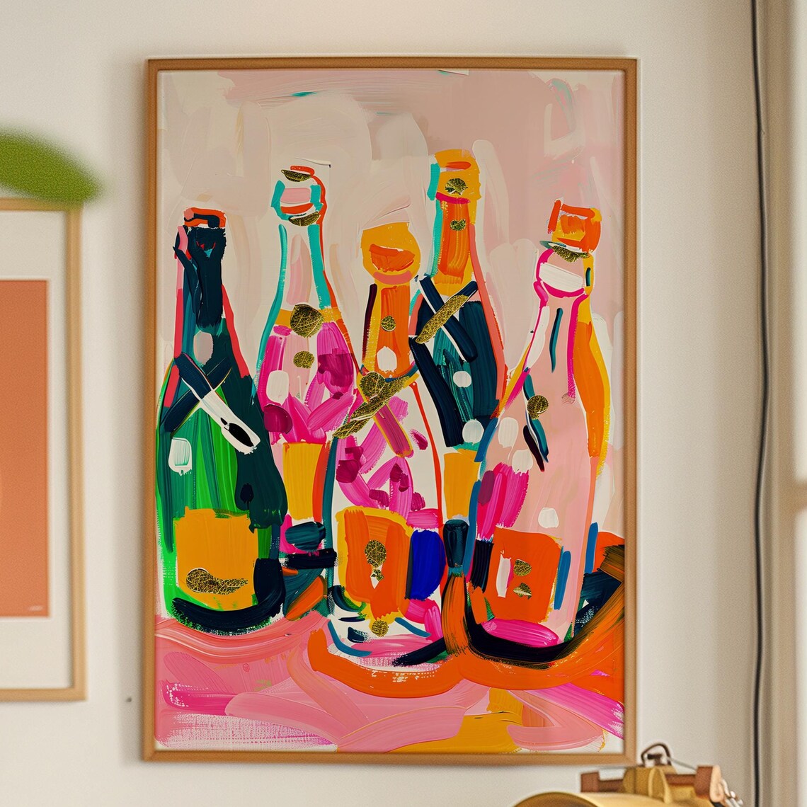 Colorful Champagne Bottles Painting Pink Bar Cart Party Wall Art