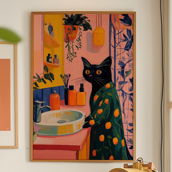 Cat Poster Maximalist Art Funny Bathroom Preppy Print Trendy Kitsch Black