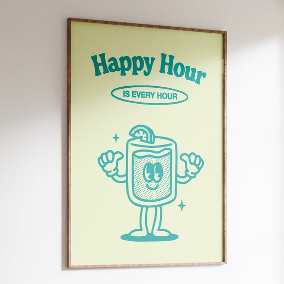 Retro Happy Hour Poster, 70s-Inspired Bar Decor