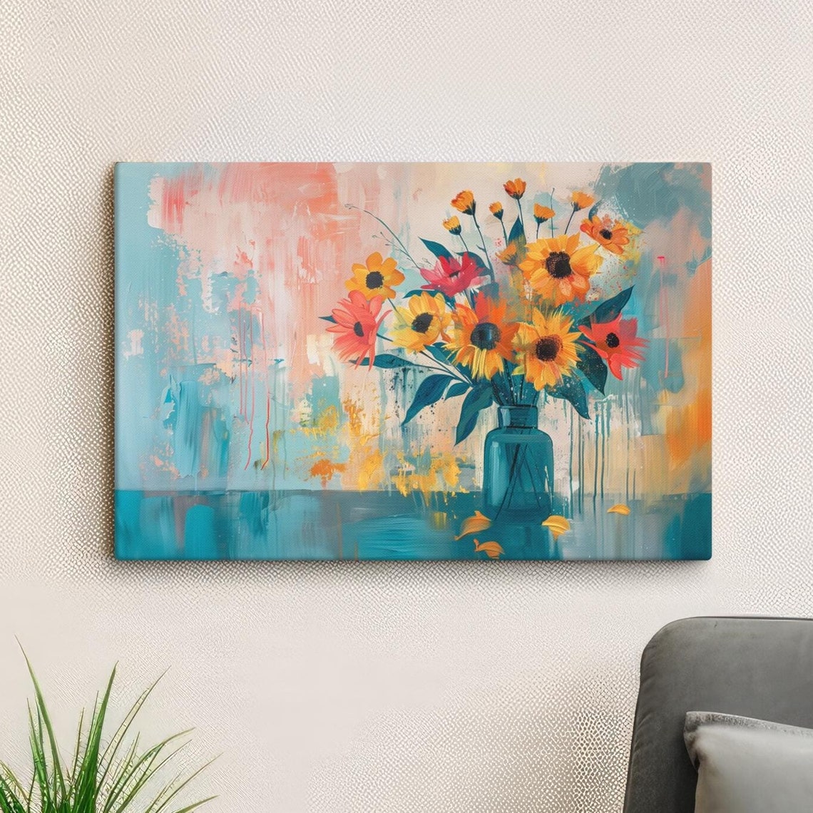 Abstract Sunflower Bouquet Warm Neutral Modern Farmhouse Floral Poster