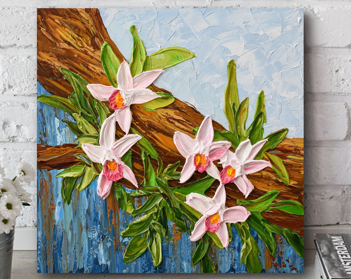Pink White Orchid Branch Blue Background Botanical Impasto Art Print