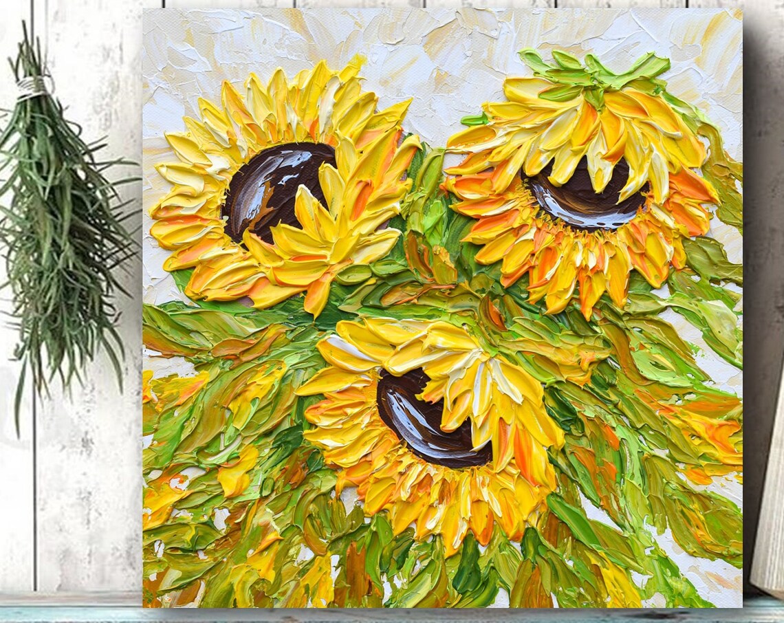 Sunflowers Painting Impasto Yellow Blooms Textured Floral Art Poster