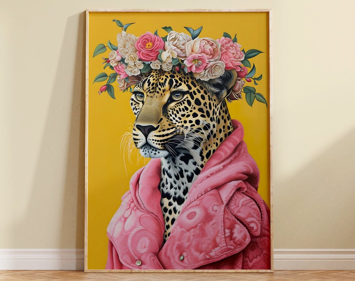 Leopard Flower Crown Pink Puffer Jacket Animal Portrait Poster