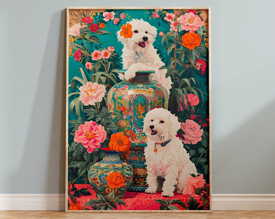 White Dogs Porcelain Vase Peonies Maximalist Pet Portrait Poster