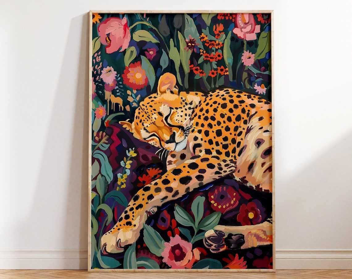 Sleeping Leopard Maximalist Jungle Floral Colorful Wildlife Art Poster