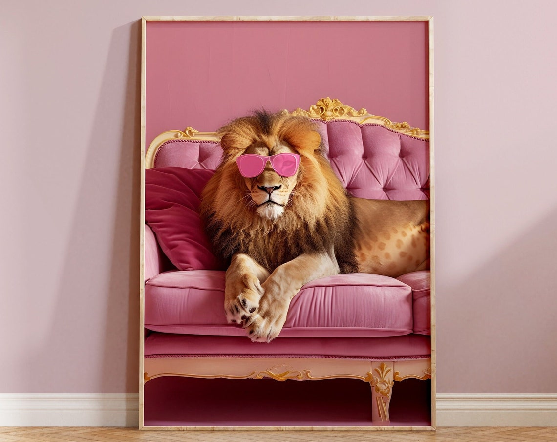 Lion Pink Sunglasses Velvet Sofa Funny Wildlife Portrait Poster