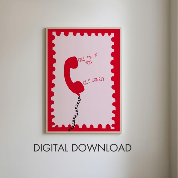 Call Me If You Get Lonely Fun Retro Typography Poster Pink And Red Poster Dressing Room Print Bedroom Artwork