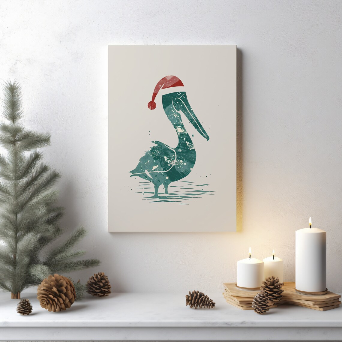 Pelican Santa Hat Christmas Coastal Holiday Teal Bird Cheerful Wall Art
