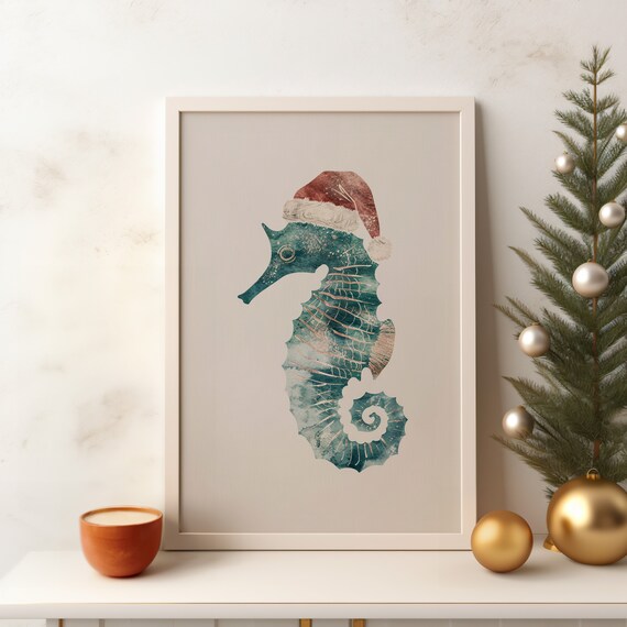 Seahorse Santa Hat Teal Watercolor Christmas Coastal Holiday Art Print