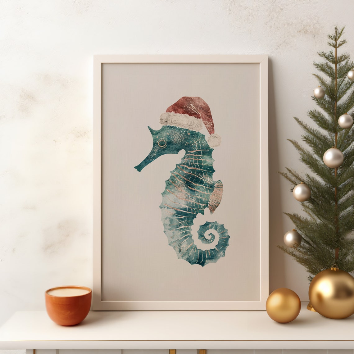 Seahorse Santa Hat Teal Watercolor Christmas Coastal Holiday Art Print