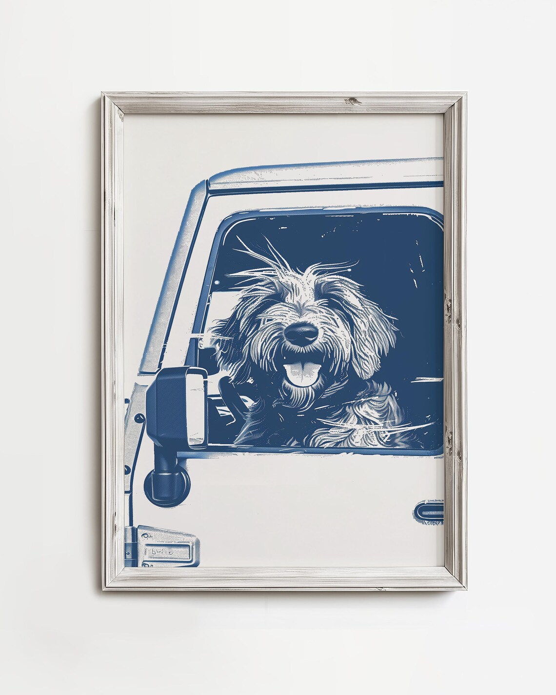 Happy Shaggy Dog Head Out Car Window Navy Illustration Poster
